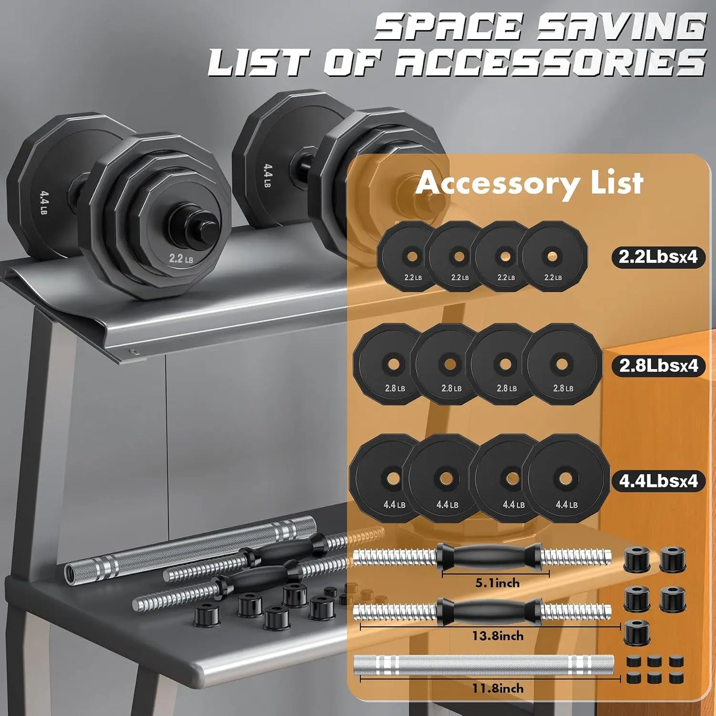 Adjustable Dumbbell Set 6.8 To 44 Pounds For Home Gym Strength Training