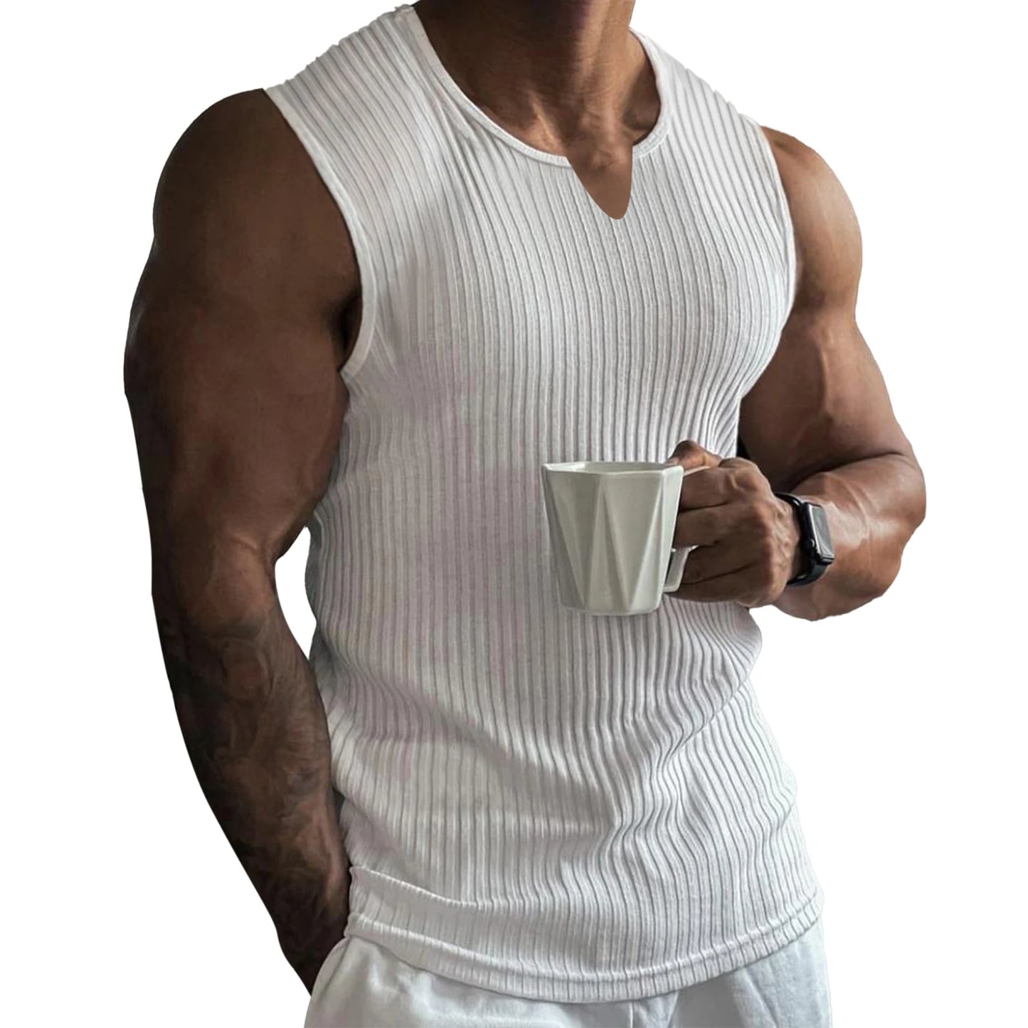 Mens Breathable Sleeveless Gym Tank Top Notched Neck Muscle Shirt