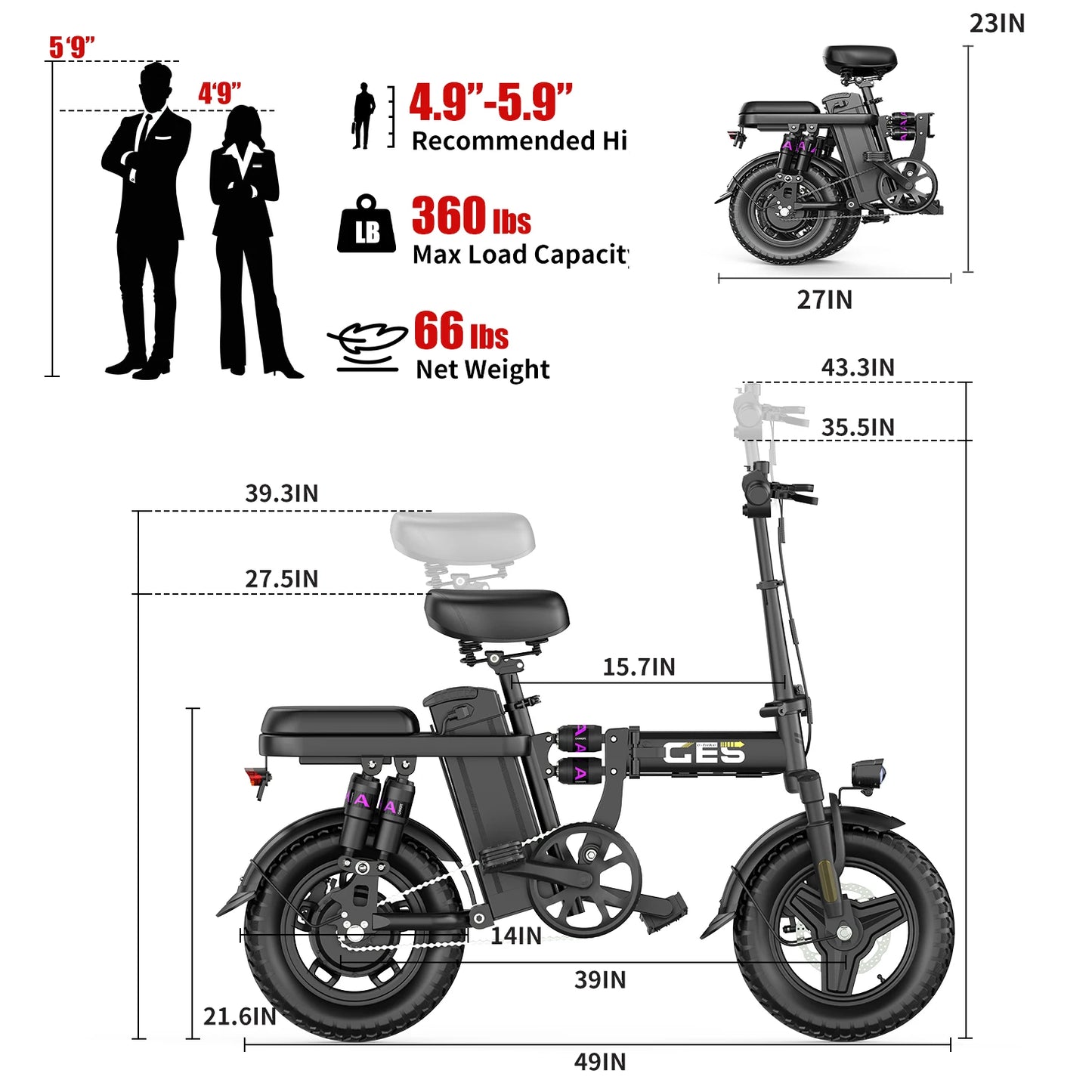 UPlee GE5 Electric Folding Bike 500W Motor 48V Battery