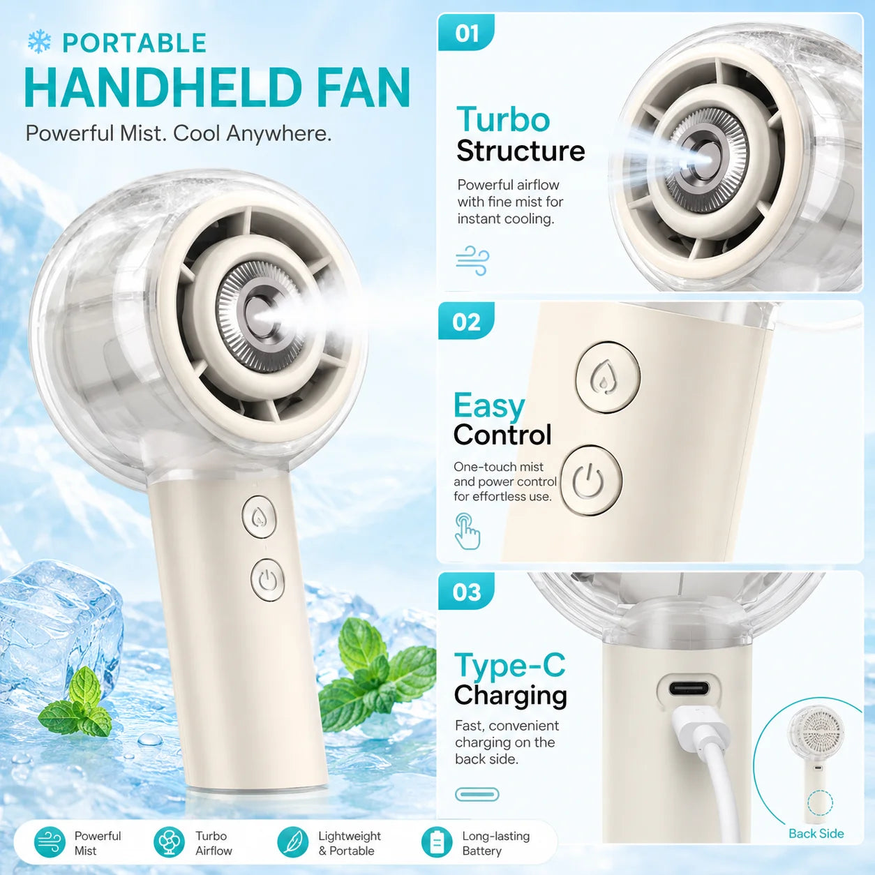 Portable Misting Handheld Fan 6000mAh Rechargeable Battery For Travel