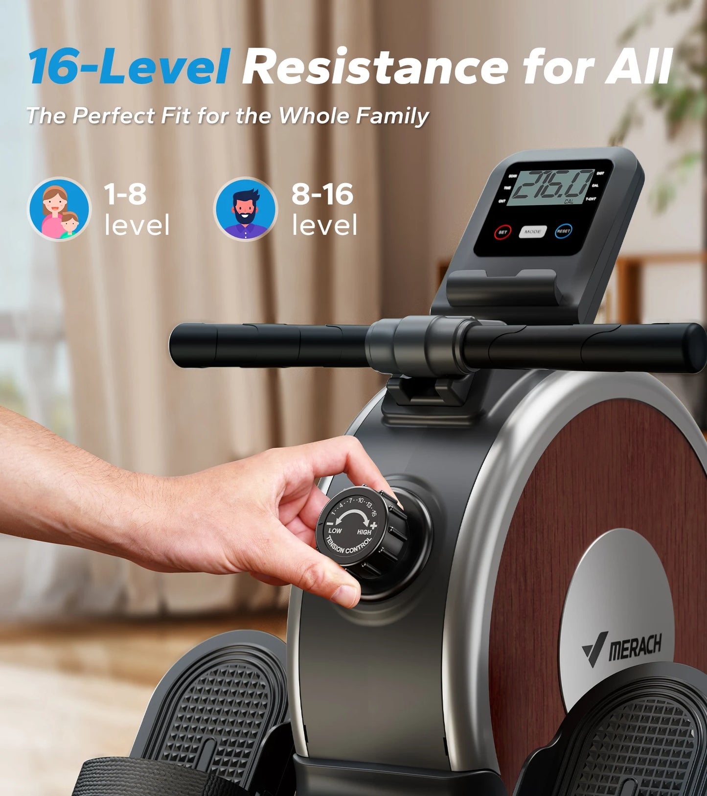 MERACH Magnetic Rowing Machine With 16 Level Resistance Dual Rail