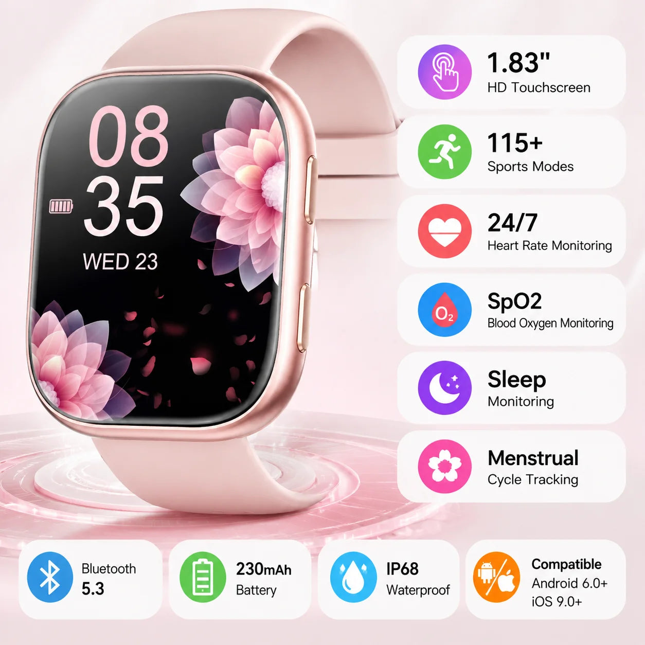Ladies Smartwatch With Heart Rate Sleep Menstrual Tracking IP67