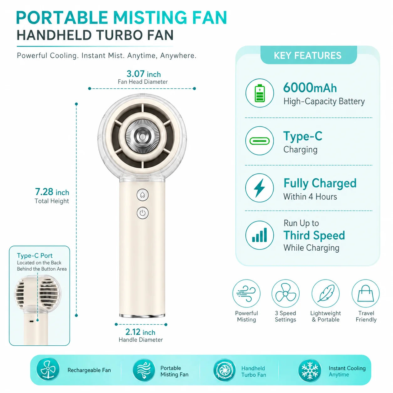 Portable Misting Handheld Fan 6000mAh Rechargeable Battery For Travel