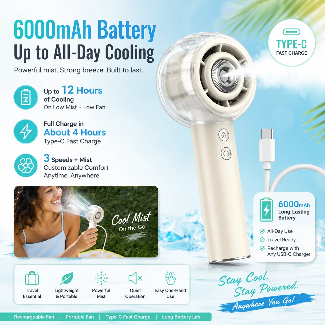 Portable Misting Handheld Fan 6000mAh Rechargeable Battery For Travel