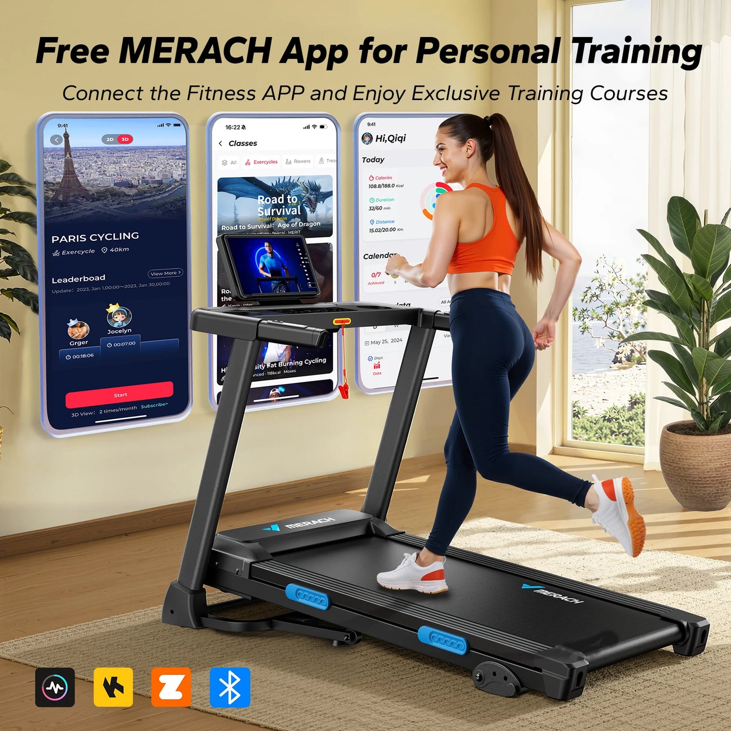 Merach Foldable Treadmill T12 Incline Quiet Operation With Heart Rate Monitoring