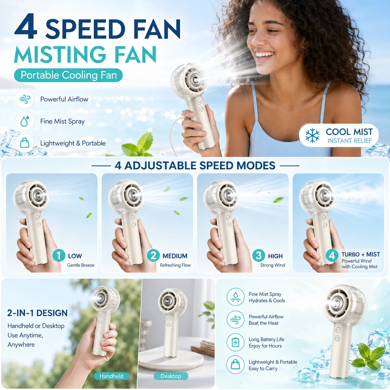 Portable Misting Handheld Fan 6000mAh Rechargeable Battery For Travel