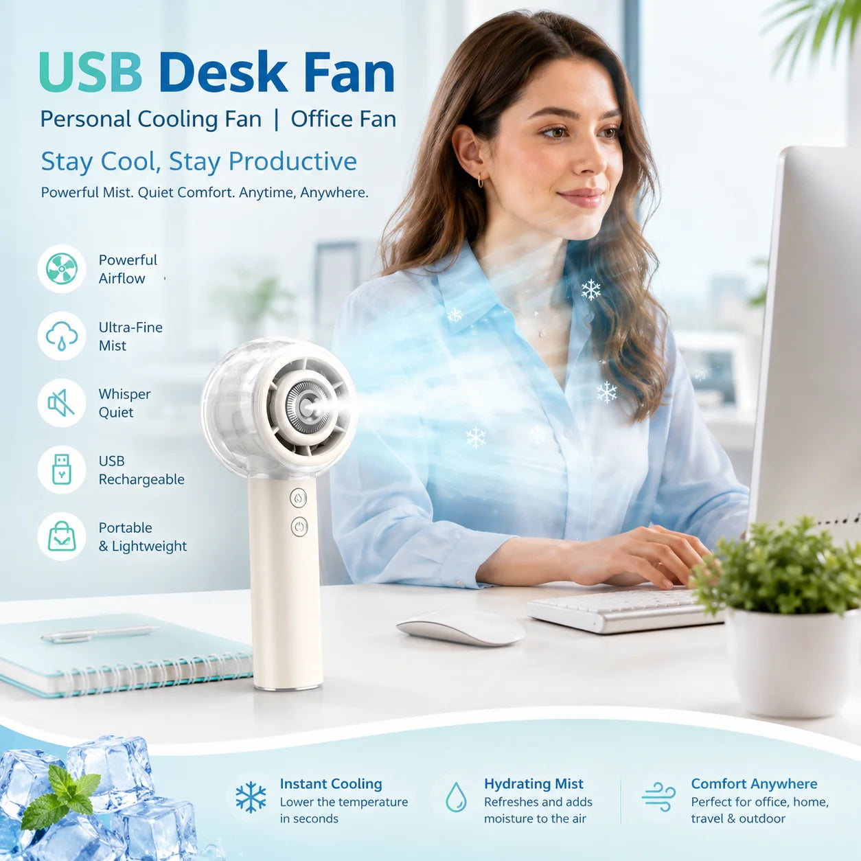 Portable Misting Handheld Fan 6000mAh Rechargeable Battery For Travel