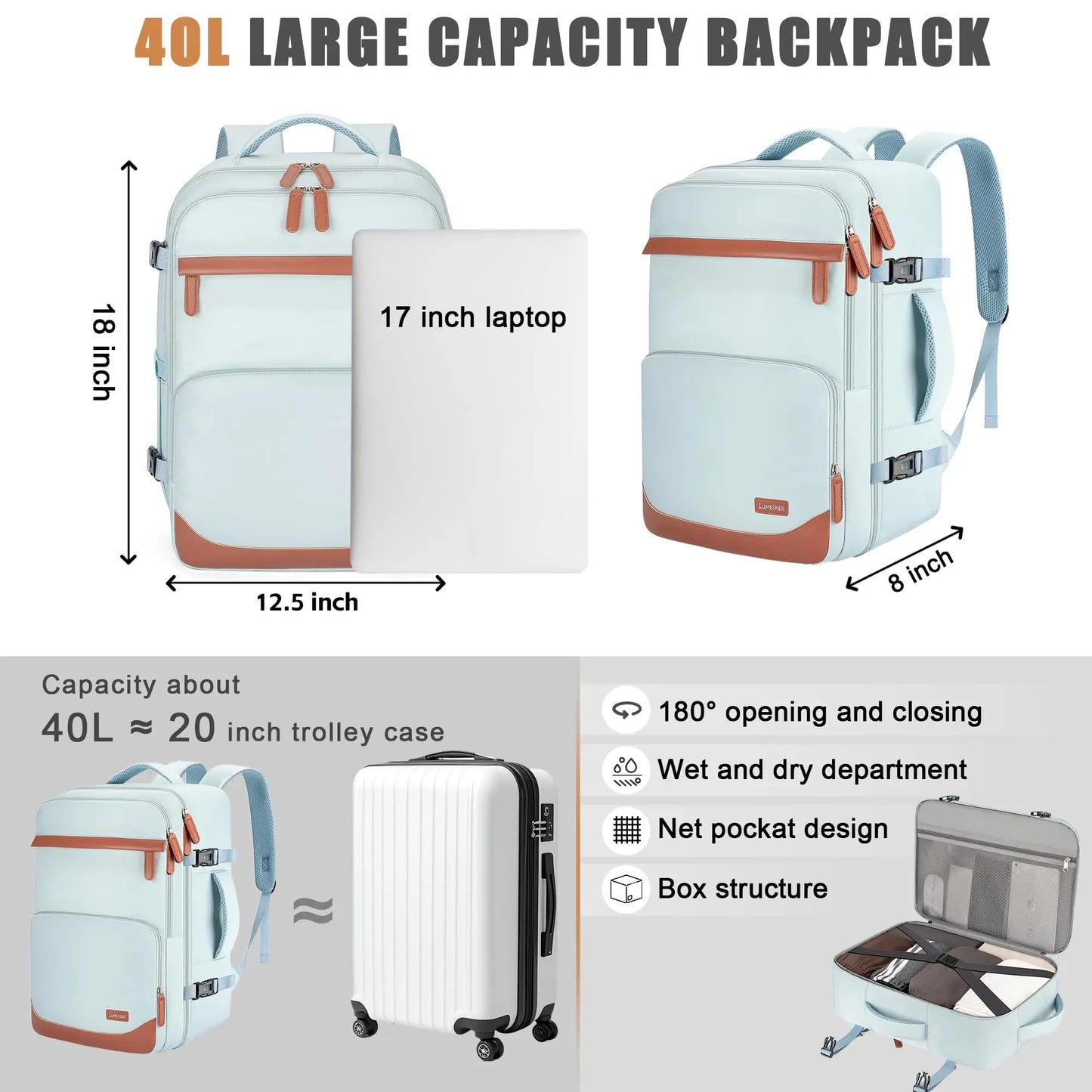 Water Resistant 50L Carry On Laptop Backpack For Travel And Work