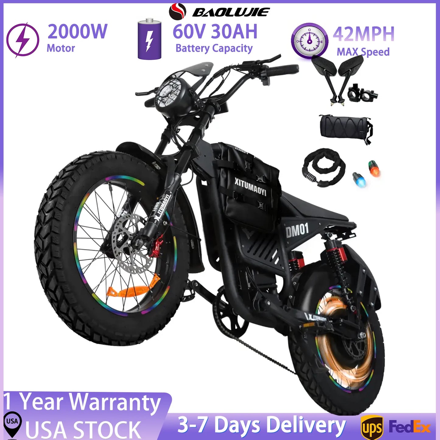 Baolujie DM01 Electric Motorcycle 2000W 60V 30Ah EBike