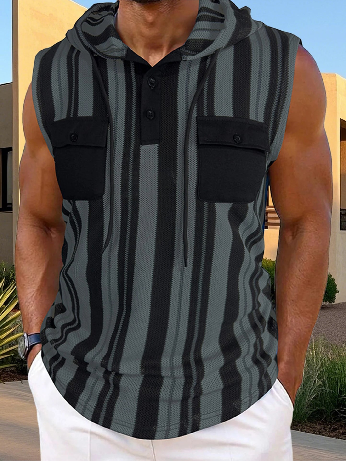 Men's Sleeveless Striped Tank Top With Pockets And Drawstring Vest