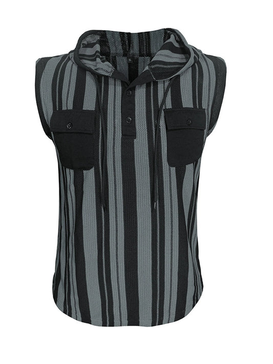 Men's Sleeveless Striped Tank Top With Pockets And Drawstring Vest