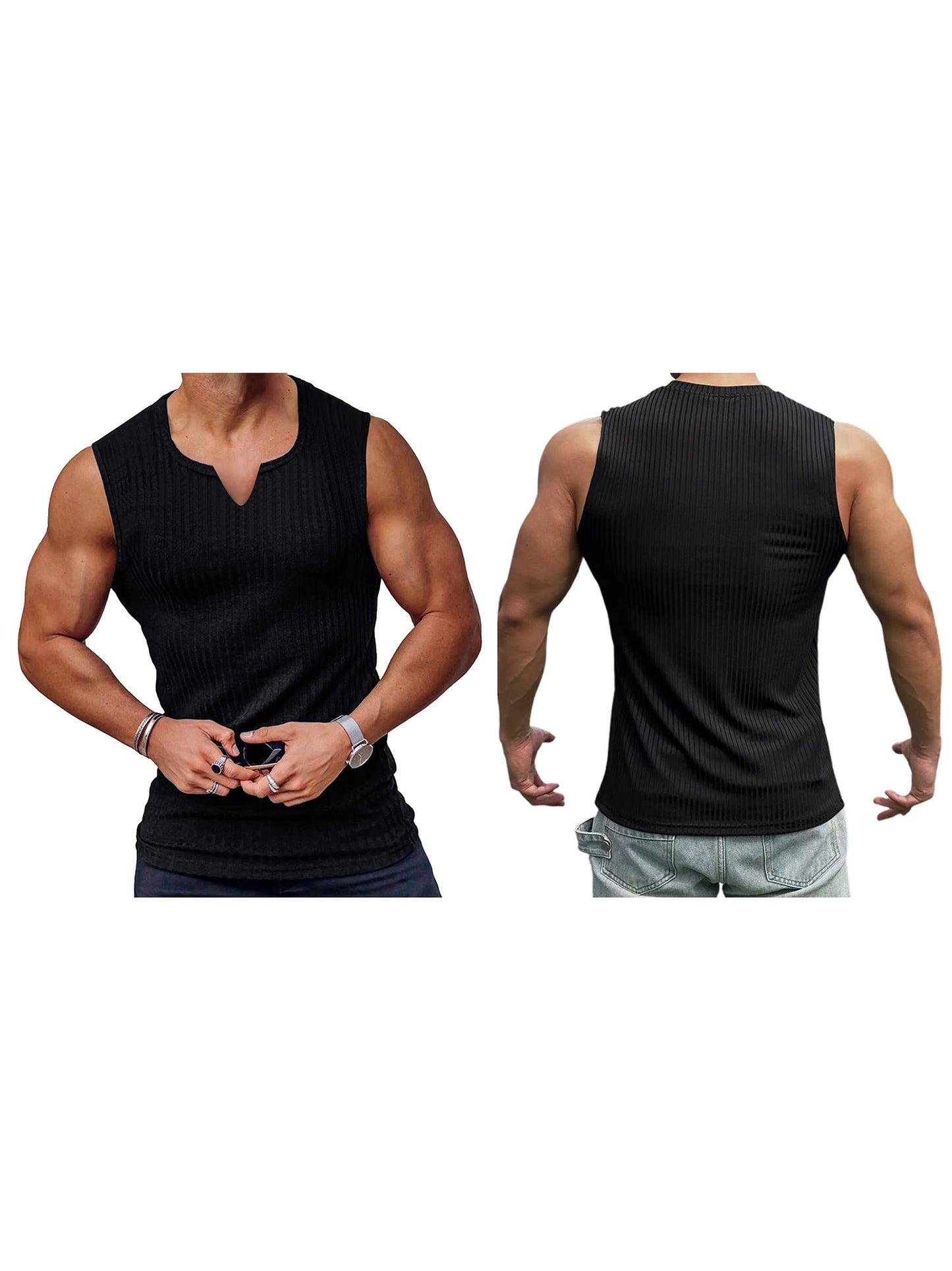 Mens Breathable Sleeveless Gym Tank Top Notched Neck Muscle Shirt