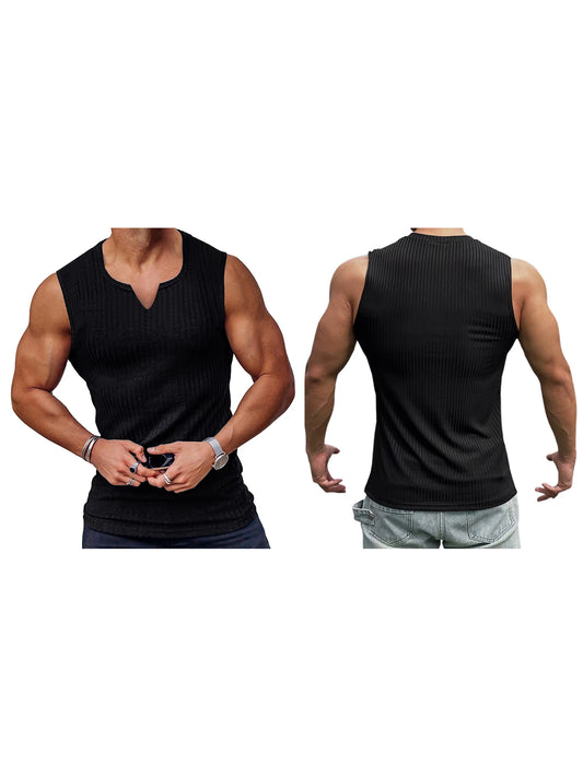 Mens Breathable Sleeveless Gym Tank Top Notched Neck Muscle Shirt