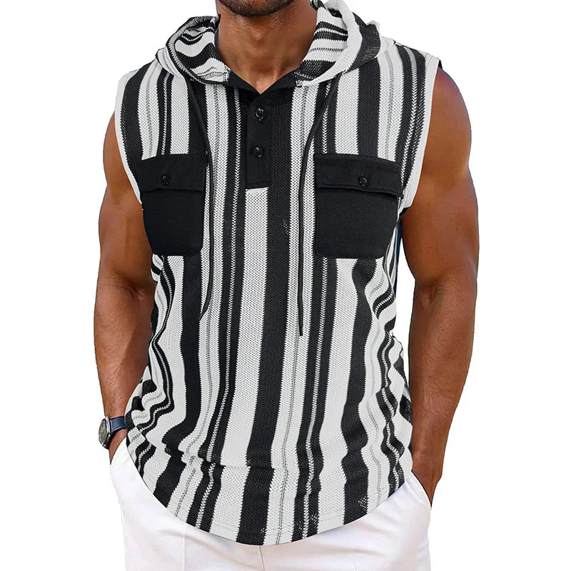 Men's Sleeveless Striped Tank Top With Pockets And Drawstring Vest