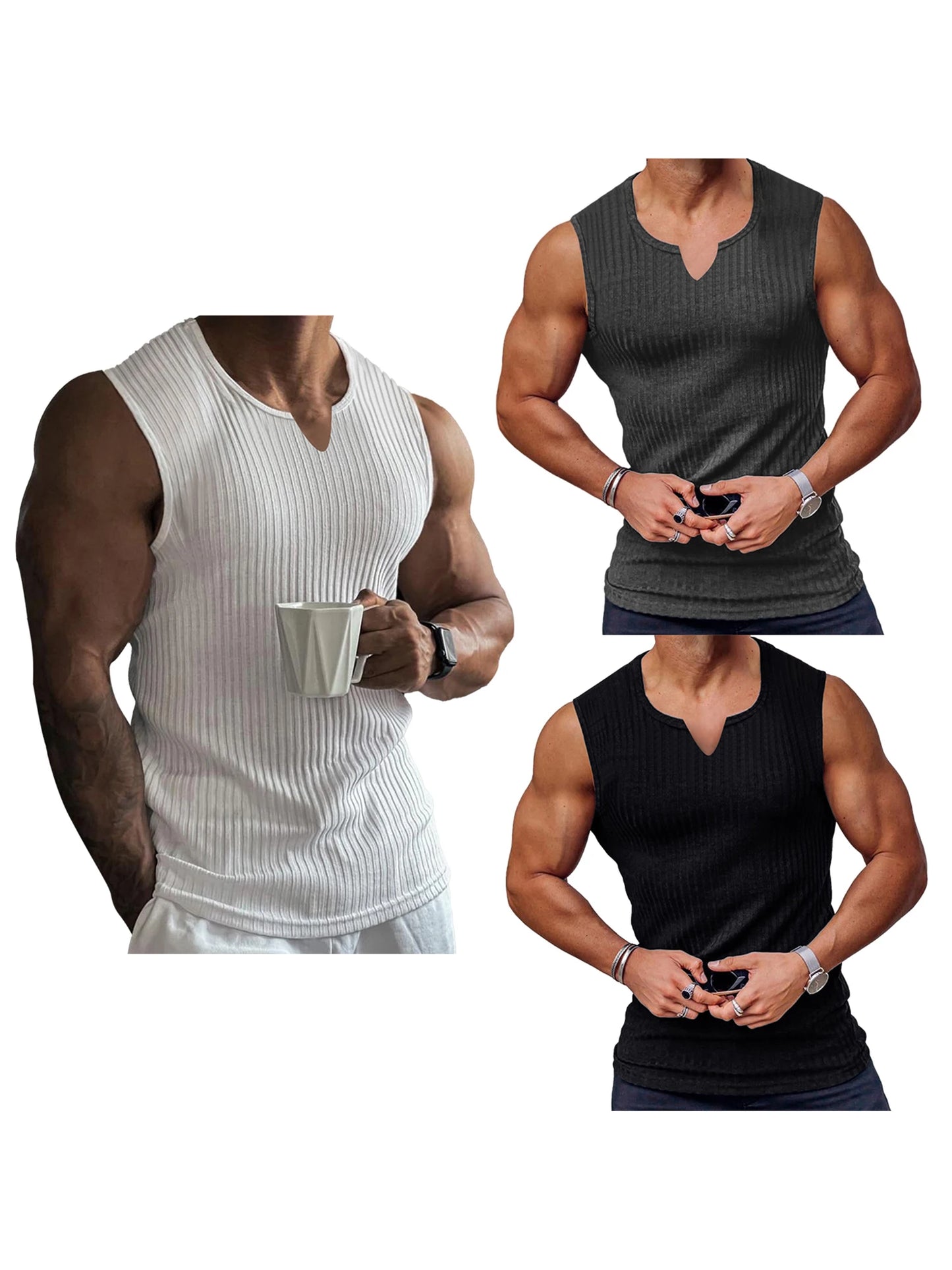 Mens Breathable Sleeveless Gym Tank Top Notched Neck Muscle Shirt