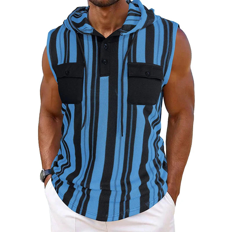 Men's Sleeveless Striped Tank Top With Pockets And Drawstring Vest