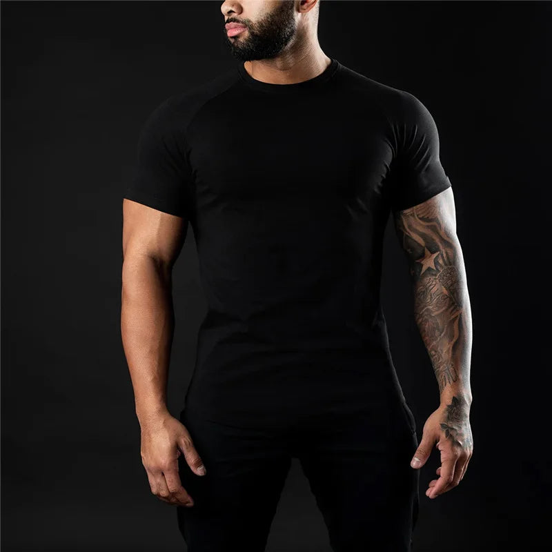 Plain Gym TShirt Men Cotton Short Sleeve Slim Fit Tee