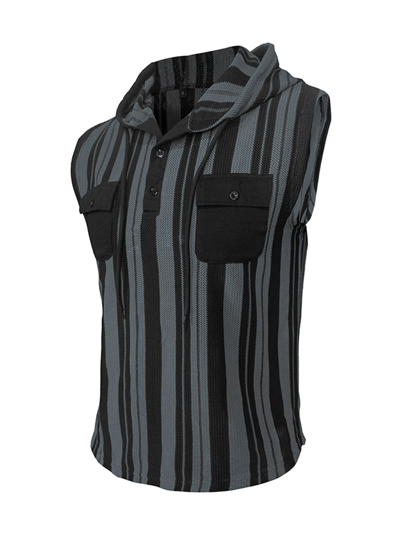 Men's Sleeveless Striped Tank Top With Pockets And Drawstring Vest