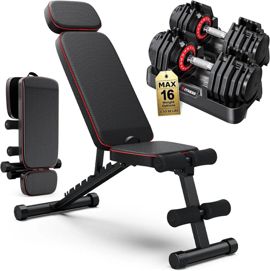 Adjustable Dumbbells Set With Foldable Workout Bench For Home Gym