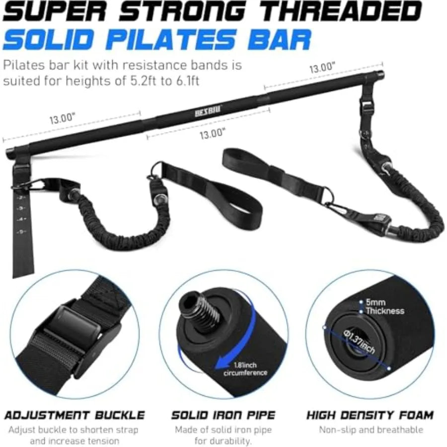 Pilates Bar Kit With Resistance Bands 210lbs Handles