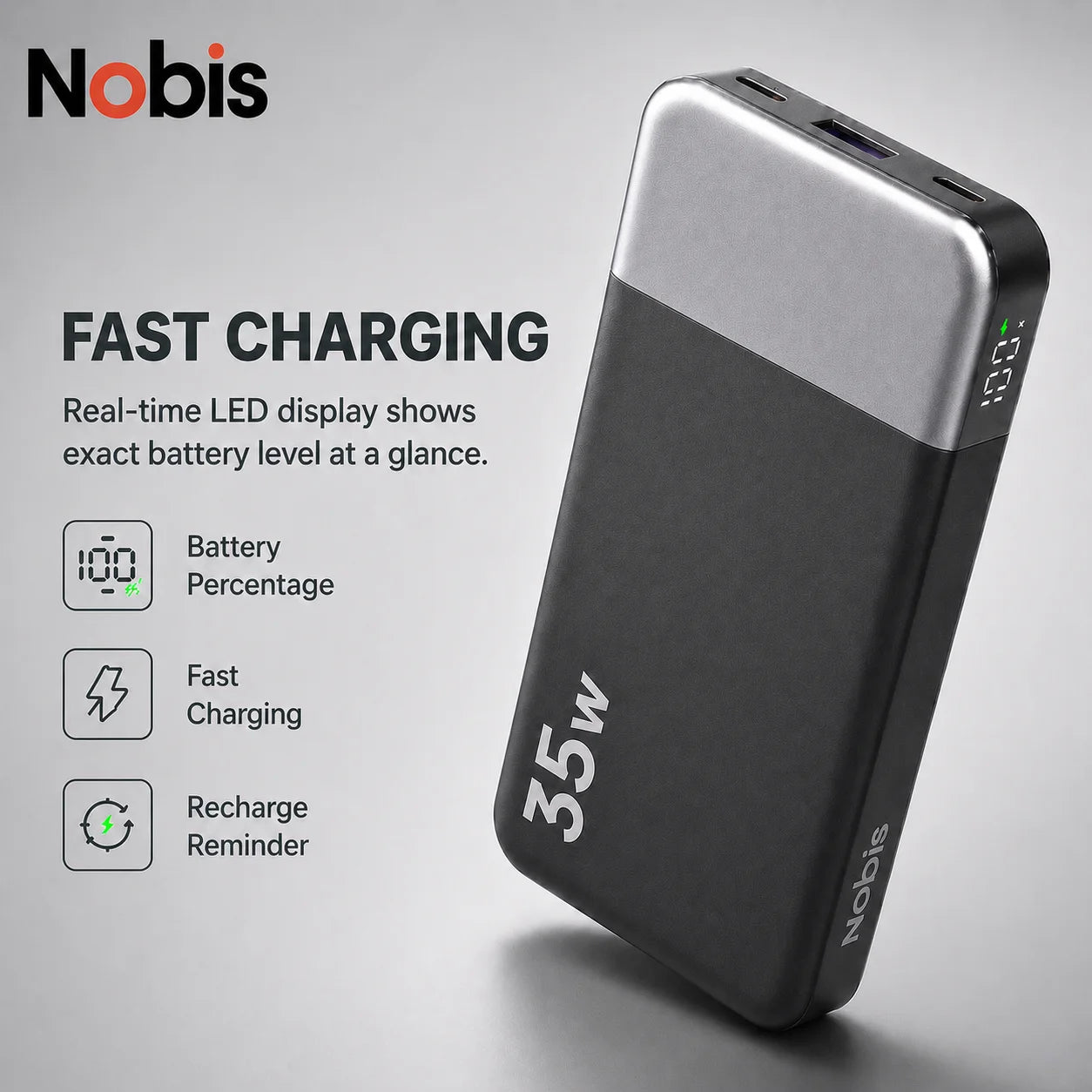 Nobis 10000mAh 35W Fast Charging USB C Power Bank Slim