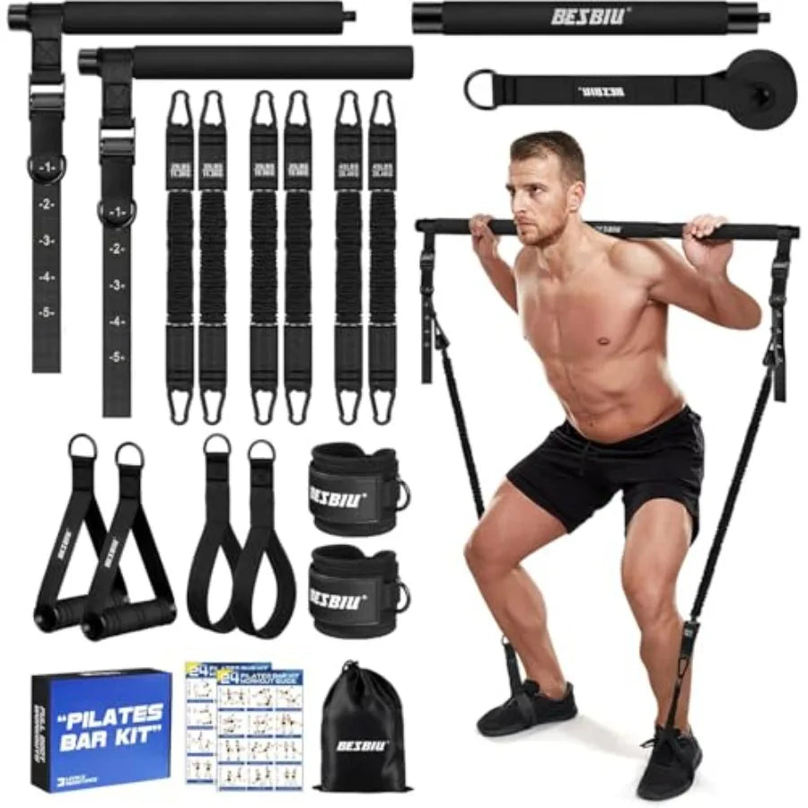 Pilates Bar Kit With Resistance Bands 210lbs Handles