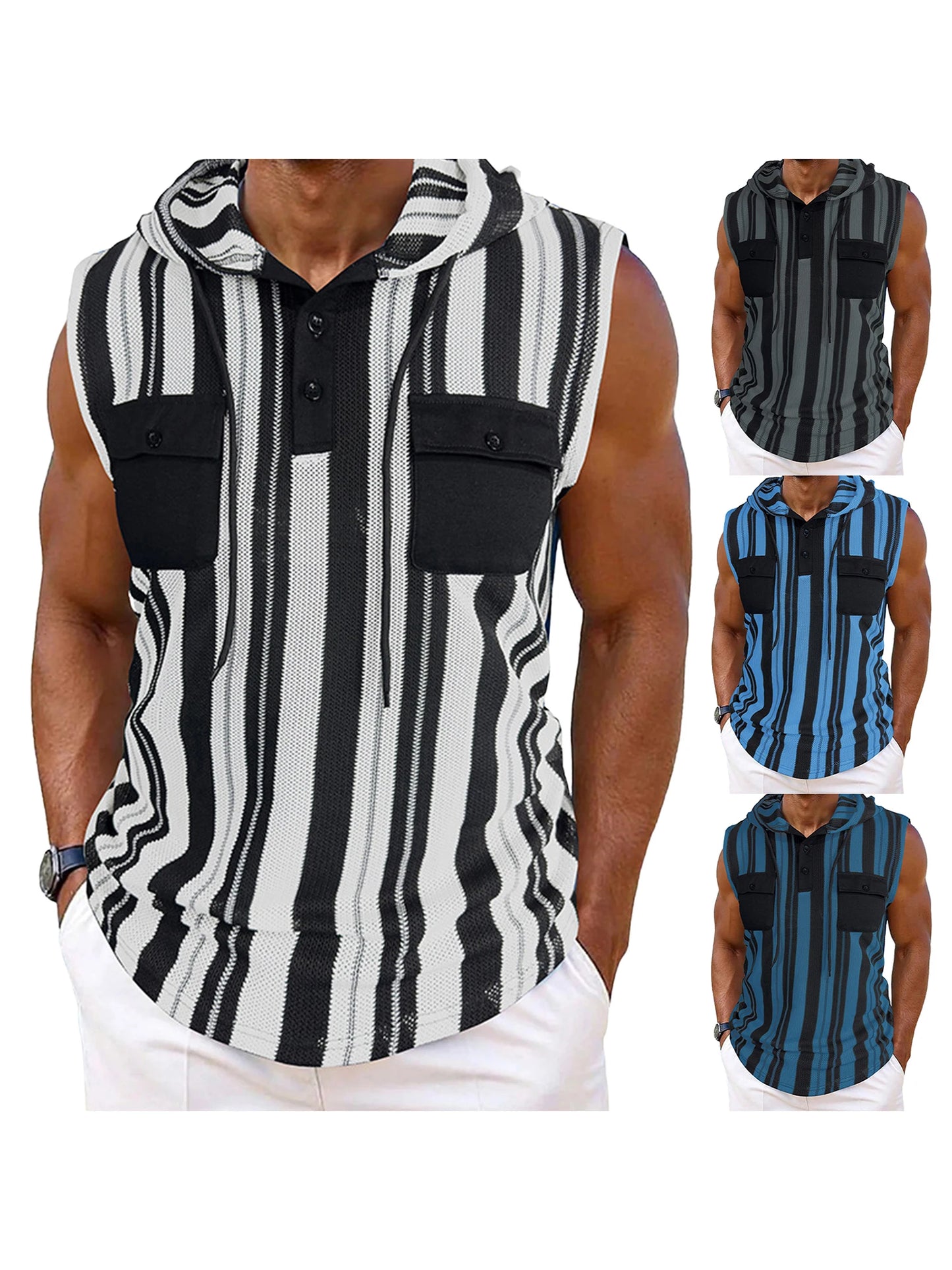 Men's Sleeveless Striped Tank Top With Pockets And Drawstring Vest