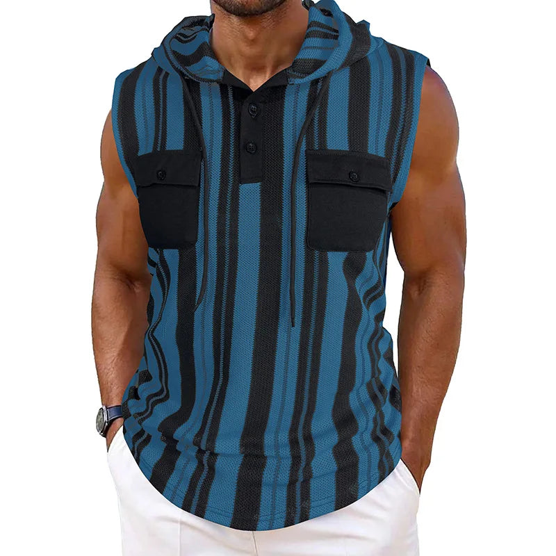 Men's Sleeveless Striped Tank Top With Pockets And Drawstring Vest