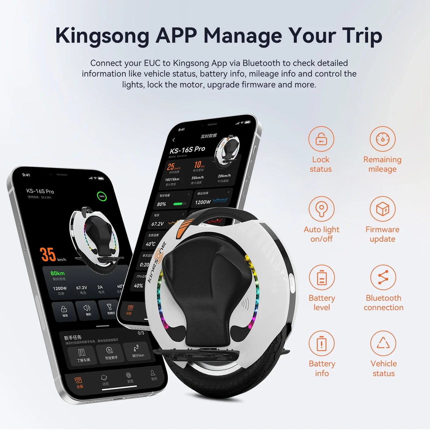 KINGSONG 16SPro Electric Unicycle 50 Mile Range 1200W Peak