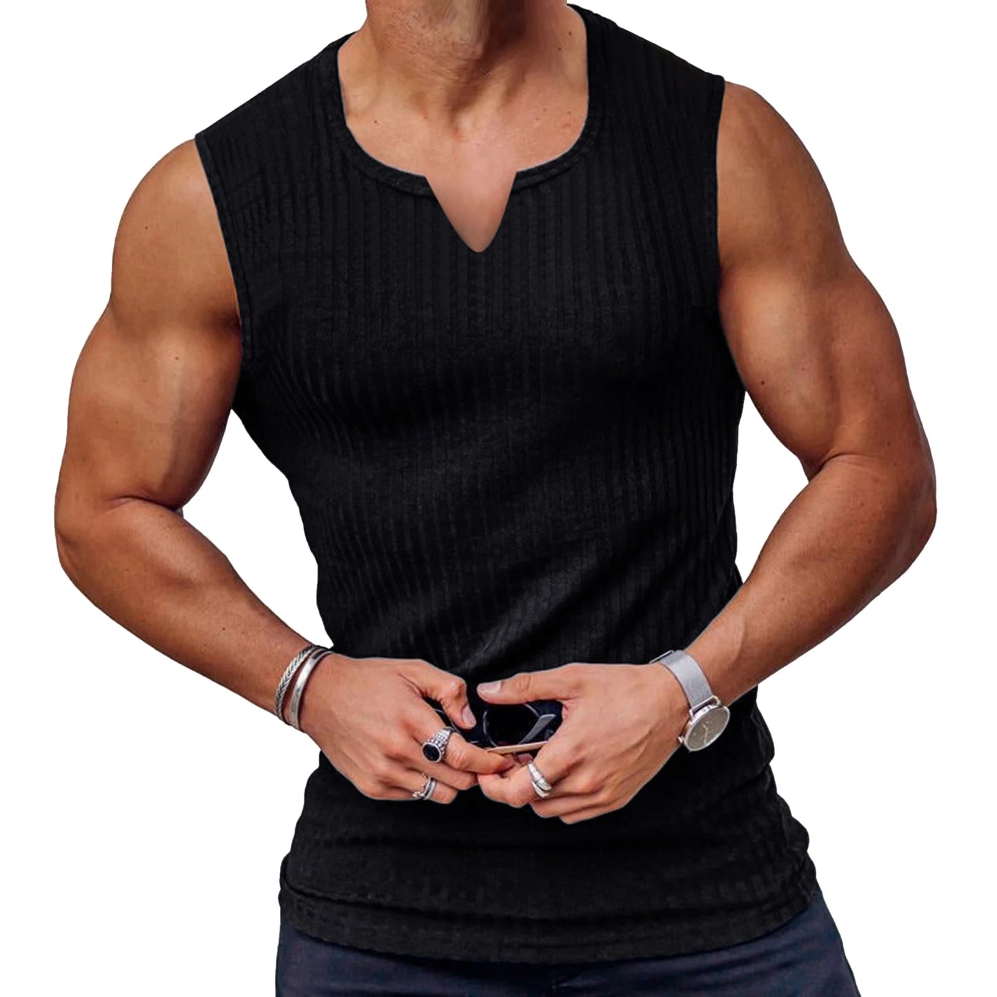 Mens Breathable Sleeveless Gym Tank Top Notched Neck Muscle Shirt