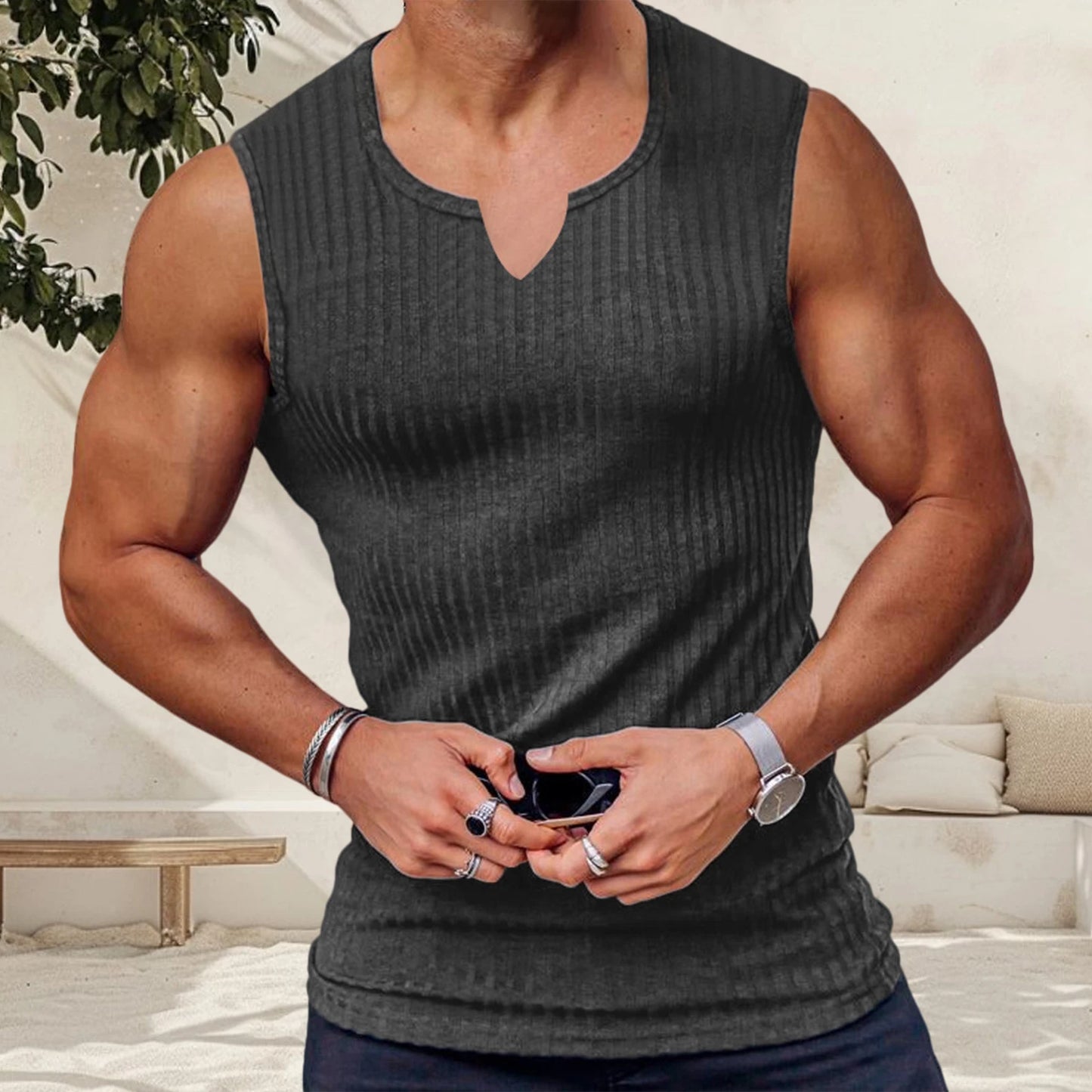 Mens Breathable Sleeveless Gym Tank Top Notched Neck Muscle Shirt