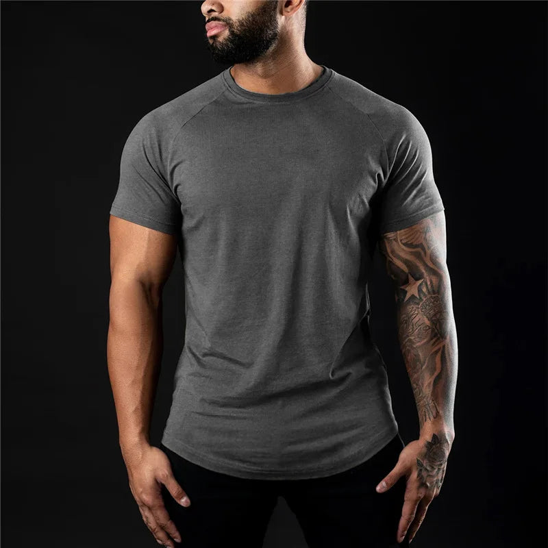Plain Gym TShirt Men Cotton Short Sleeve Slim Fit Tee