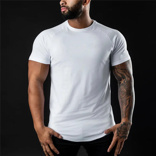 Plain Gym TShirt Men Cotton Short Sleeve Slim Fit Tee