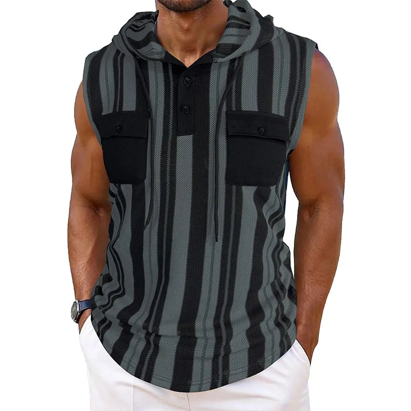 Men's Sleeveless Striped Tank Top With Pockets And Drawstring Vest
