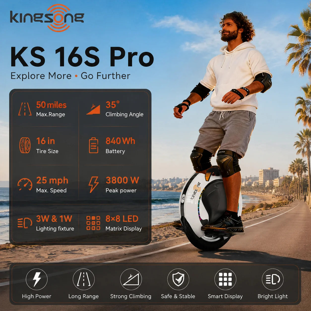 KINGSONG 16SPro Electric Unicycle 50 Mile Range 1200W Peak