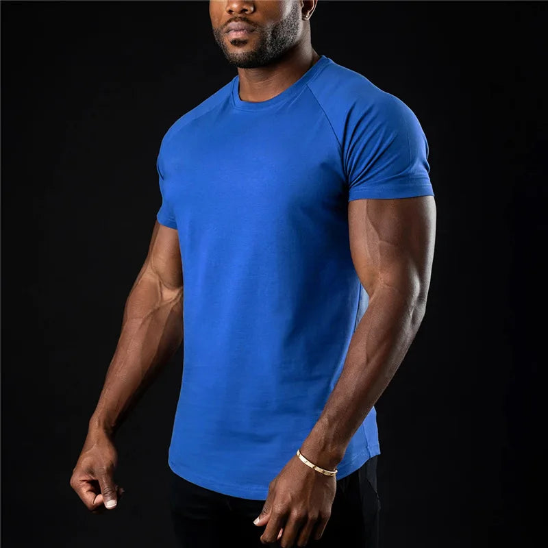 Plain Gym TShirt Men Cotton Short Sleeve Slim Fit Tee